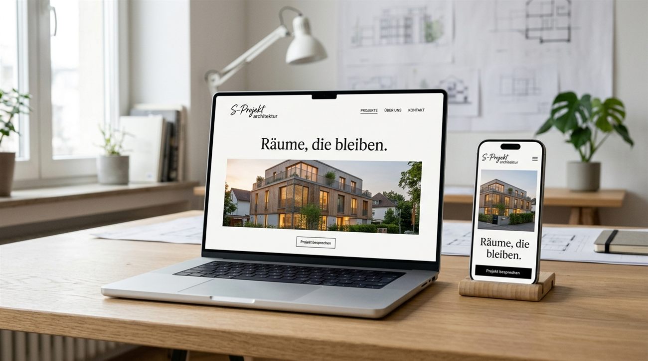 Designrichtung 1 — hell und editorial, Darstellung auf Laptop und Smartphone