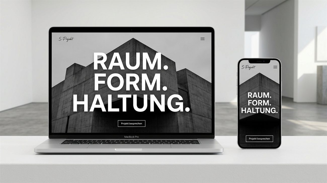 Designrichtung 3 — monochrom und großformatig, Darstellung auf Laptop und Smartphone